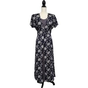 Vtg 80s S. Roberts Navy‎ Floral Tie-Back Maxi Dress Size 9/10 Retro Feminine